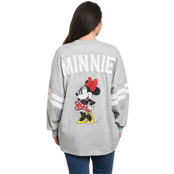 New Disney Women Minnie Mouse Sweatshirt Jersey Long Sleeve Light Gray - Picture 1 of 8